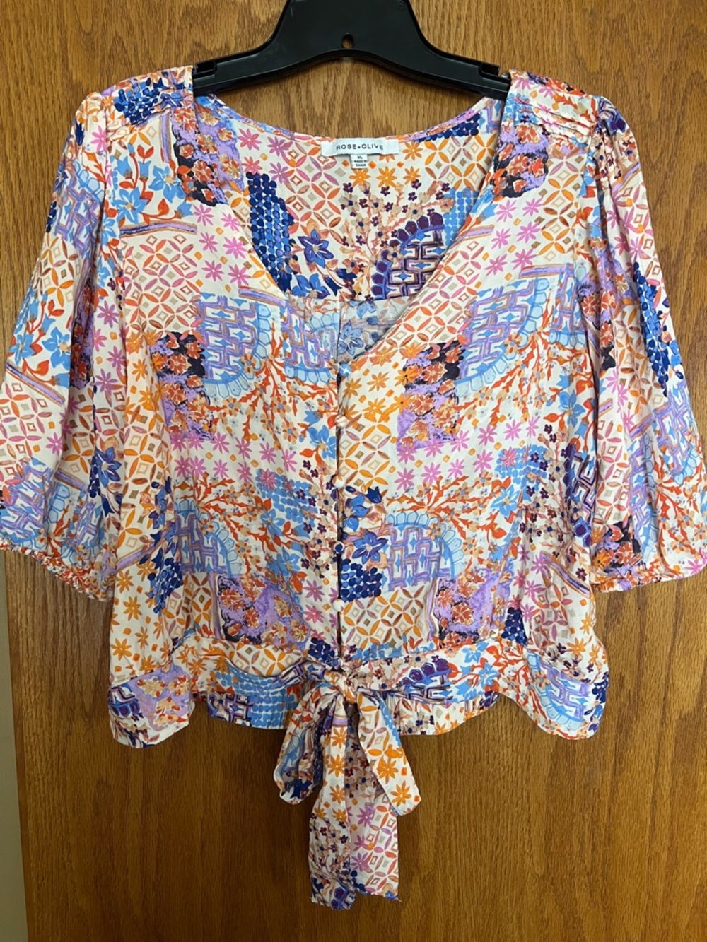 Rose & Olive Floral Patchwork Button-Front Tie Waist Top - Multicolor